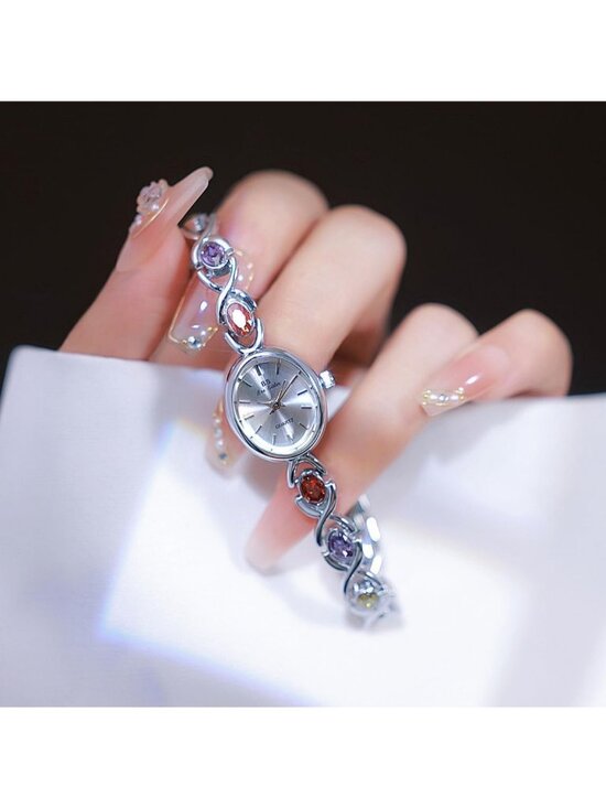 Women\'s Silver Vintage Bracelet Elegant Jade Oval Dial Waterproof Wrist Watch